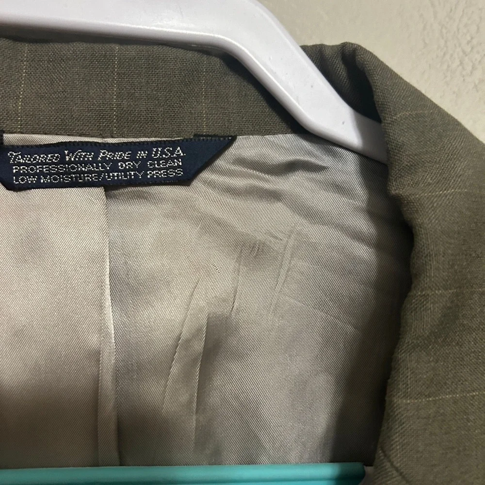 Lands' End Blazer 48R Olive Green Taupe Wool Pinstripe Suit Jacket USA Preppy